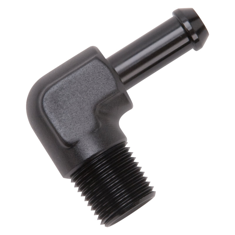 Edelbrock 8167 Hose End 90-Deg 3/8In NPT to 3/8In Barb Black Anodize
