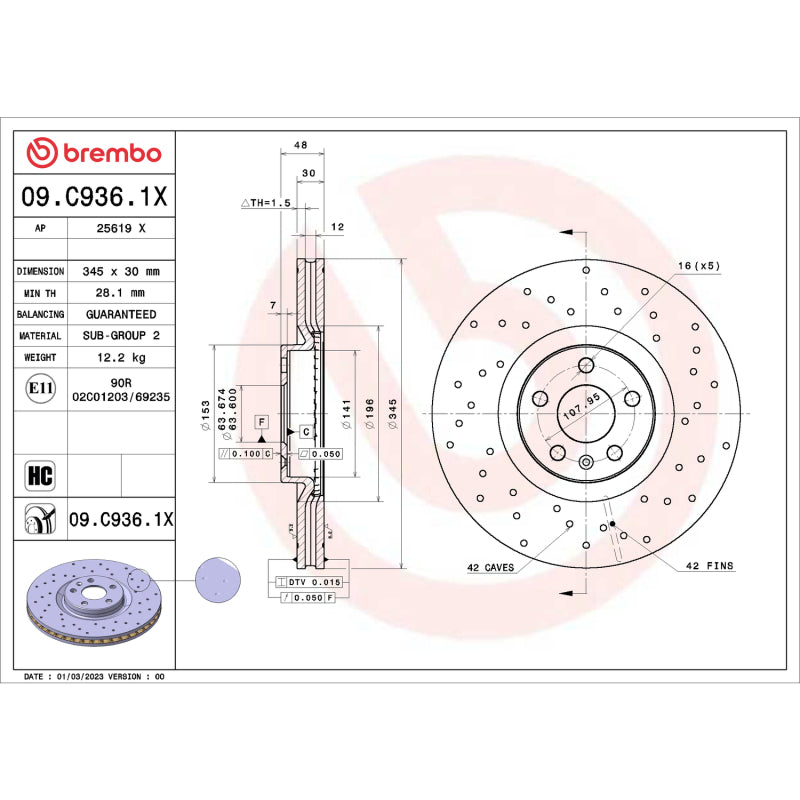 Brembo OE 09.C936.1X Brembo 16-24 Volvo XC90 / 18-24 XC60 Front Premium Xtra Cross Drilled UV Coated Rotor