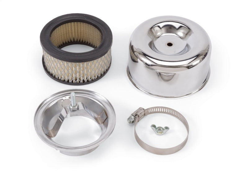 Edelbrock 1202 Air Cleaner 94 Series Round Steel Top 4 65In Dia X 3 125In 2 63In ID Raised Base Chrome