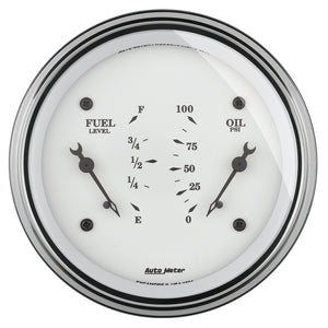 AutoMeter 1624 AutoMeter Gauge Dual Fuel & Oilp 3-3/8in. 0 Ohm(e) to 90 Ohm(f)& 100PSI Elec Old Tyme White