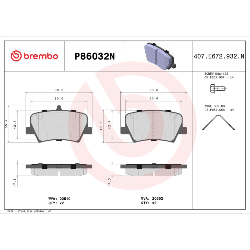 Brembo OE P86032N 19-24 fits Volvo XC40 PRIME Ceramic Brake Pad - Rear