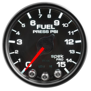 AutoMeter P31532 Autometer Spek-Pro Gauge Fuel Press 2 1/16in 15psi Stepper Motor W/Peak & Warn Blk/Blk
