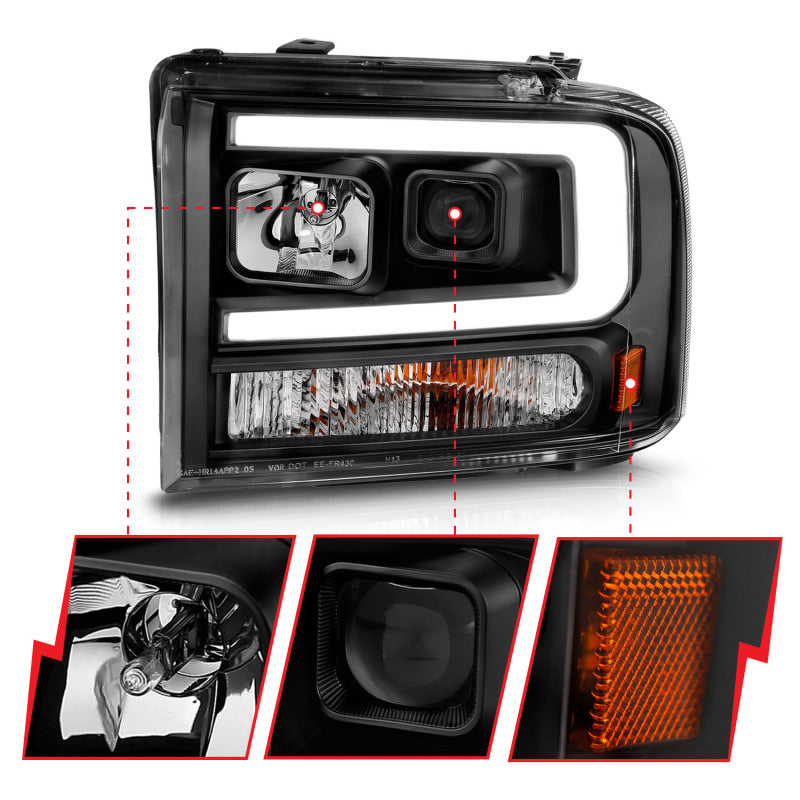 ANZO 111551 fits Ford 99-04 F250/F350/F450/Excursion (excl 99) Projector Headlights - w/ Light Bar Black Housing