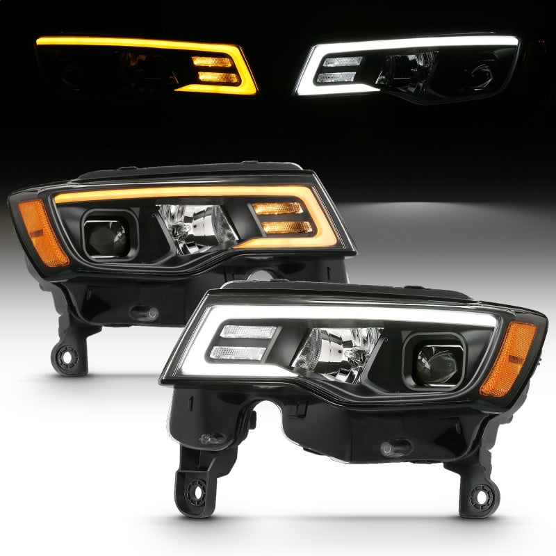 ANZO 111418 2018 fits Jeep 17-20 Grand Cherokee Projector Headlights w/ Plank Style Switchback - Black w/ Amber