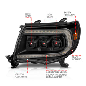 ANZO 111640A 05-11 fits Toyota Tacoma Full LED Projector Headlights White DRL/Init/SeqSig Black - Pair