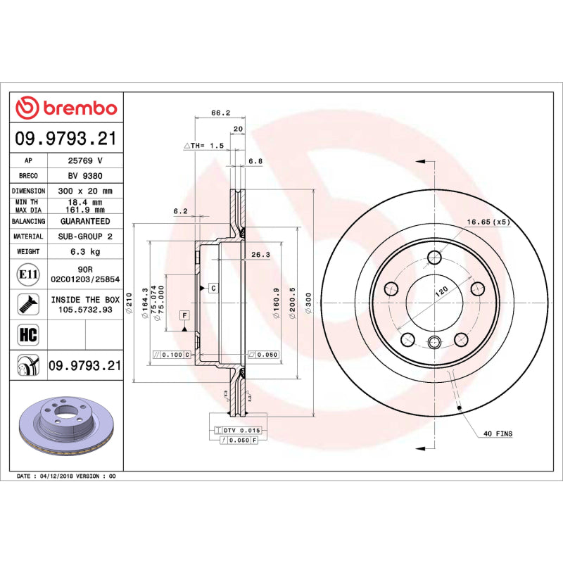 Brembo OE 09.9793.21 fits Dodge Grand Caravan/VW Routan Rear UV Coated Rotor