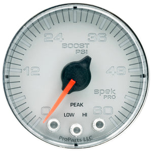 AutoMeter P304218 Autometer Spek-Pro Gauge Boost 2 1/16in 60psi Stepper Motor W/Peak & Warn Slvr/Chrm