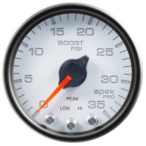 AutoMeter P30312 Autometer Spek-Pro Gauge Boost 2 1/16in 35psi Stepper Motor W/Peak & Warn White/Black