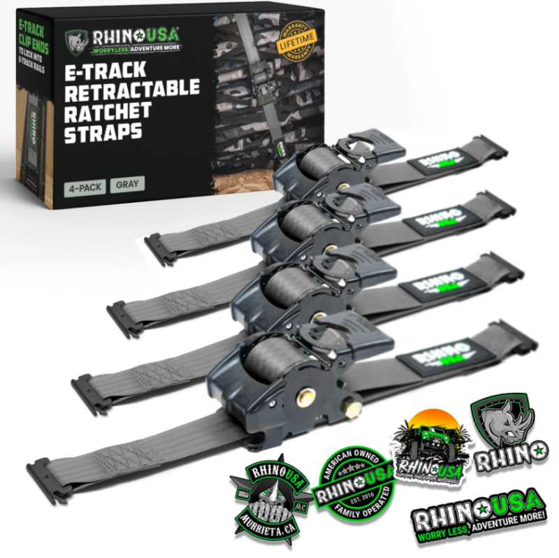 Rhino USA TD-RSRE1X10-2GRY Retractable Ratchet Straps (2Pk 1Inx10Ft) Gray