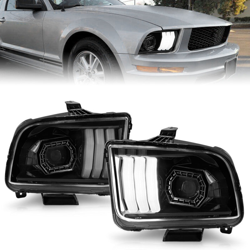 ANZO 121566 fits Ford 05-09 Mustang (w/Factory Halogen HL Only) Projector Headlights w/Light Bar Black Housing