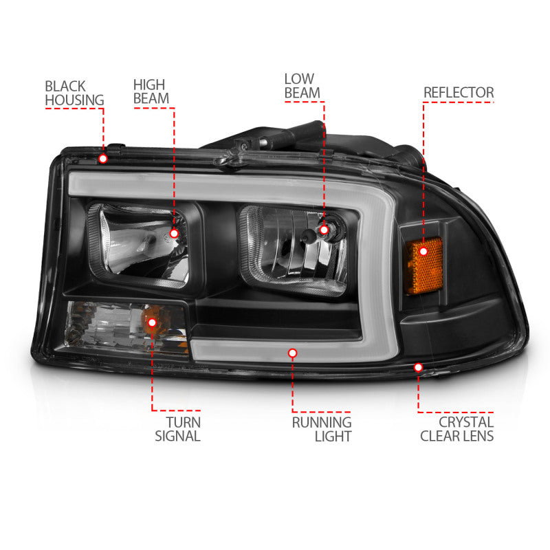 ANZO 111591 fits Dodge 97-04 Dakota/Durango Crystal headlight Set w/ Light Bar Black Housing