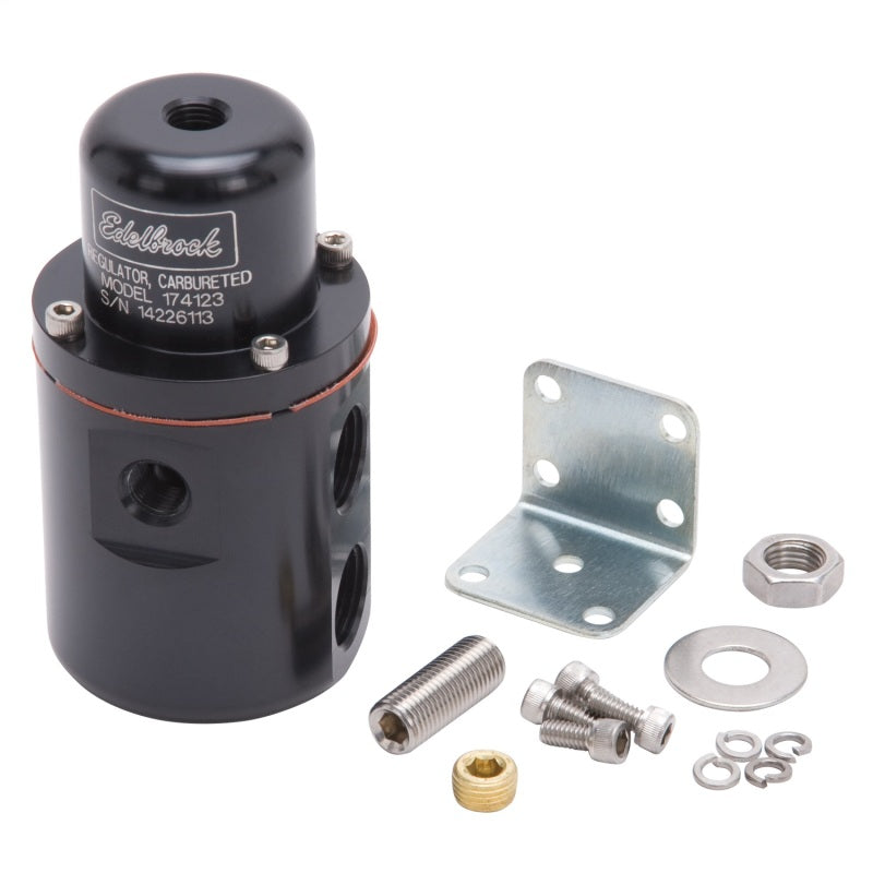 Edelbrock 174123 Fuel Pressure Regulator Carbureted 160 GPH 5-10 PSI 3/8In In/Out Returnless Black