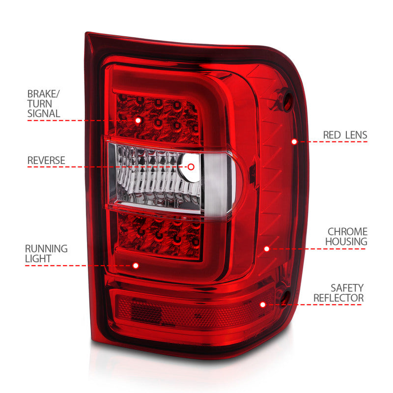 ANZO 311393 2011 fits Ford 01-20 Ranger LED Tail Lights w/ Light Bar Chrome Housing Red/Clear Lens