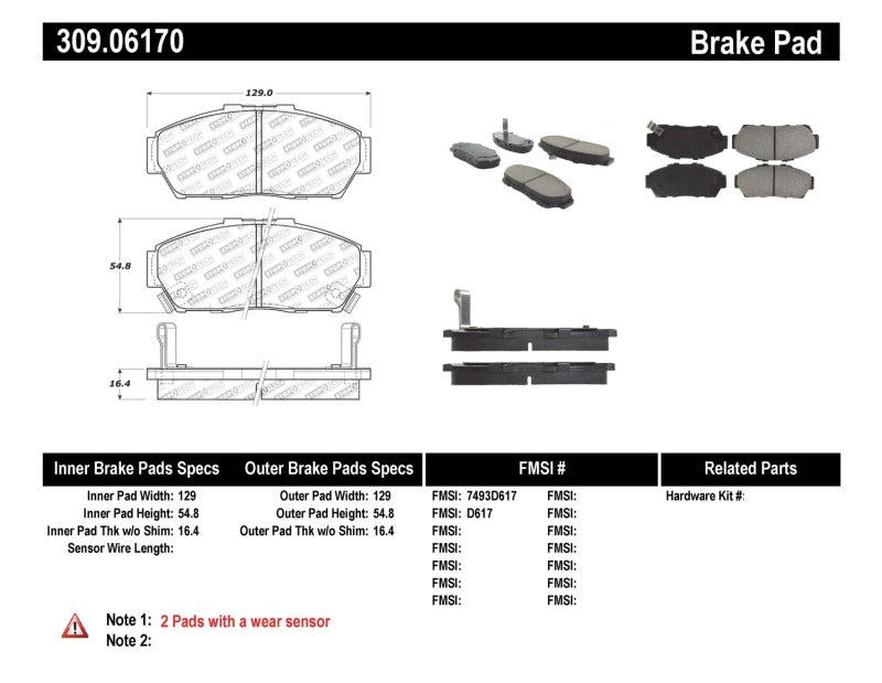 Stoptech 309.0617 Performance 93-95 fits Honda Civic Coupe / 94-95 Civic Hatchback/Sedan Front Brake Pads