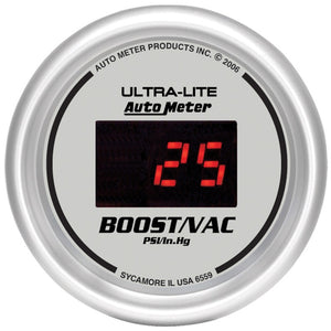 AutoMeter 6559 Autometer Ultra-Lite 2-1/16in 30INHG-30PSI Digital Silver Dial Vacuum/Boost Gauge w/ Red Led