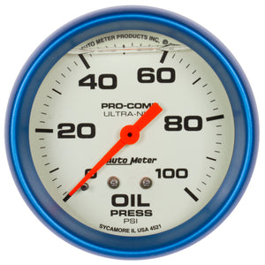 AutoMeter 4221 Autometer Ultra-Nite 2-5/8in 0-100 PSI Liquid Filled Mechanical Glow In Dark Oil Pressure Gauge