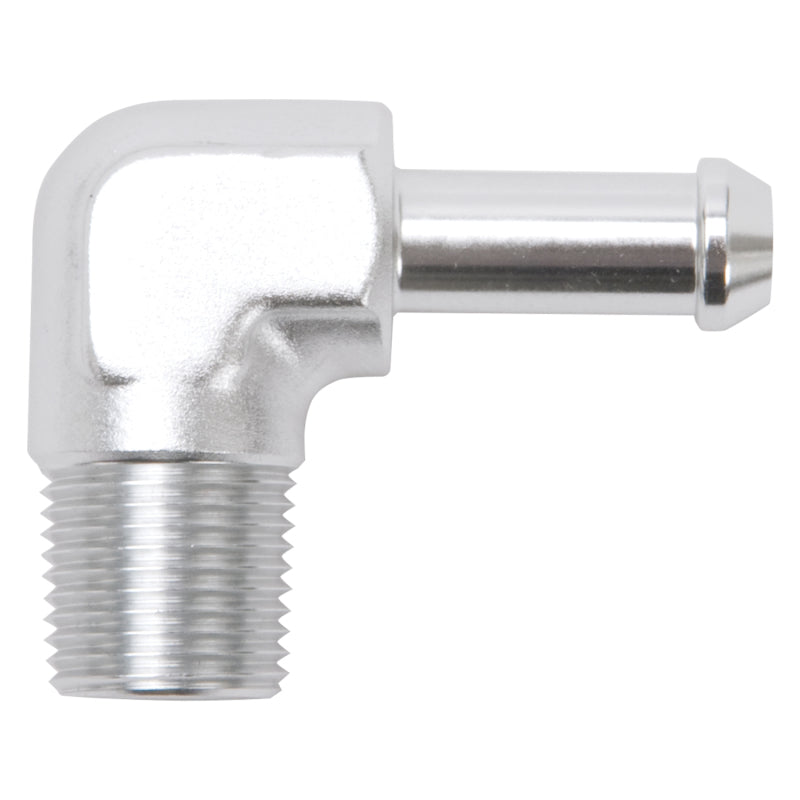 Edelbrock 8168 Hose End 90-Deg 3/8In NPT to 3/8In Barb Clear Anodize
