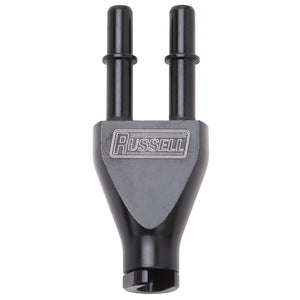 Russell Adapter Y-Block 3/8in Sae Quick Disconnect Female To 2X 3/8in Sae Qd Male Blk Anodized