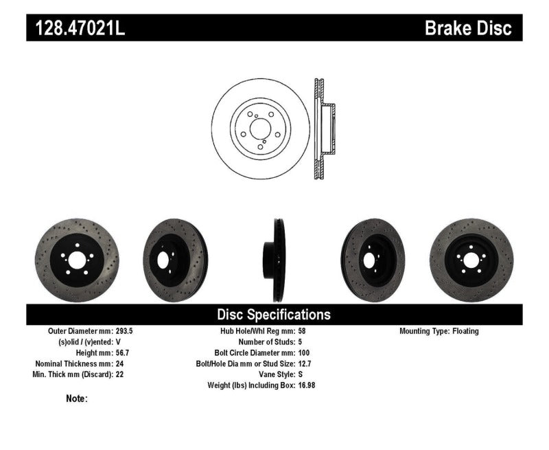 Stoptech 128.47021L Drilled Sport Brake Rotor
