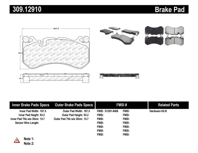 Stoptech 309.1291 Mercedes Benz Front Performance Brake Pads