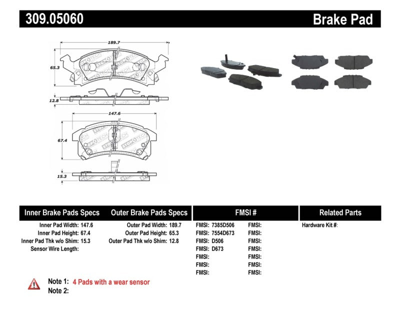 Stoptech 309.0506 Performance 90-98 Buick Skylark / 90-98 Pontiac Grand Am Front Brake Pads