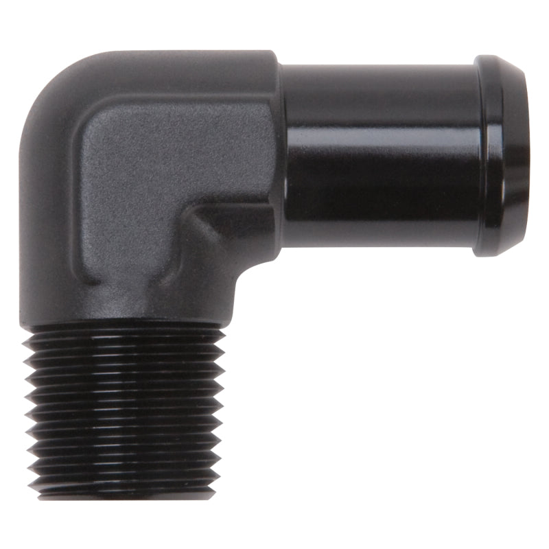 Edelbrock 8165 Hose End 90-Deg 1/2In NPT to 3/4In Barb Black Anodize