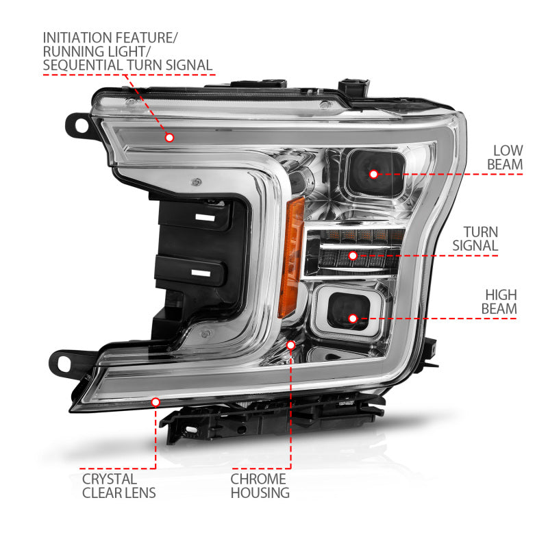 ANZO 111571 fits Ford 18-20 F-150 (w/o Fctry LED) Full LED Proj Headlights w/Light Bar Swtchbk Seq. Chrome w/Int