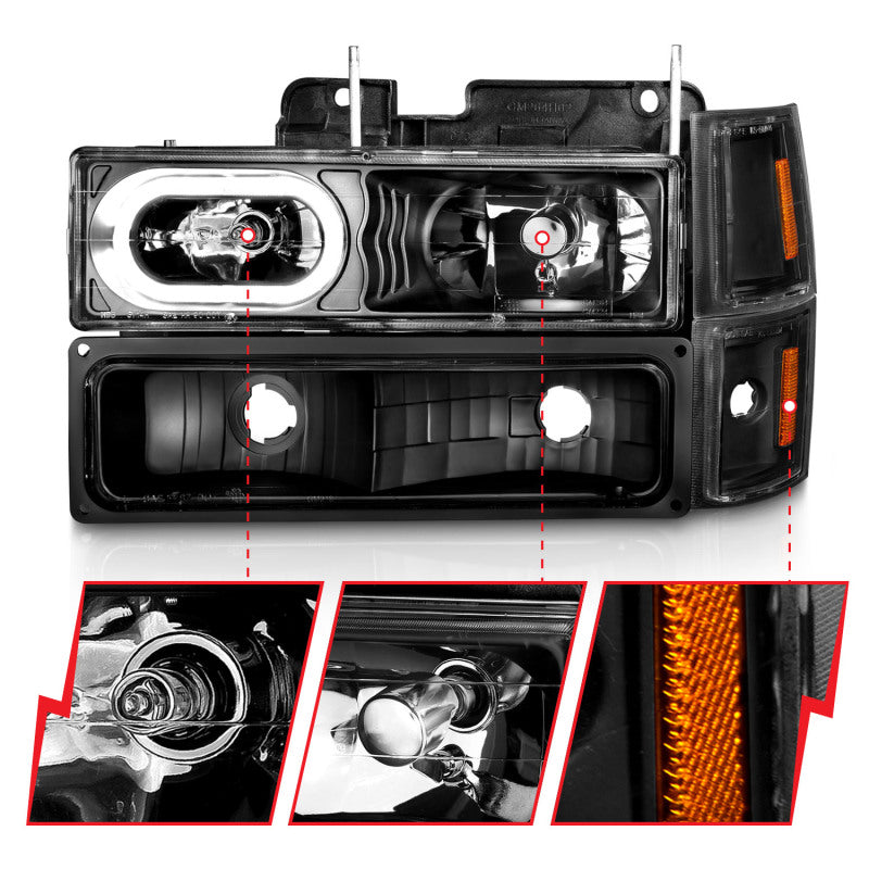 ANZO 111507 fits Chevrolet 88-98 C1500 Crystal Headlights Black Housing w/ Signal and Side Marker Lights