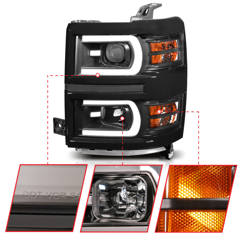 ANZO 111412 fits Chevrolet 14-15 Silverado 1500 Projector Headlights w/ Plank Style Switchback Black w/ Amber