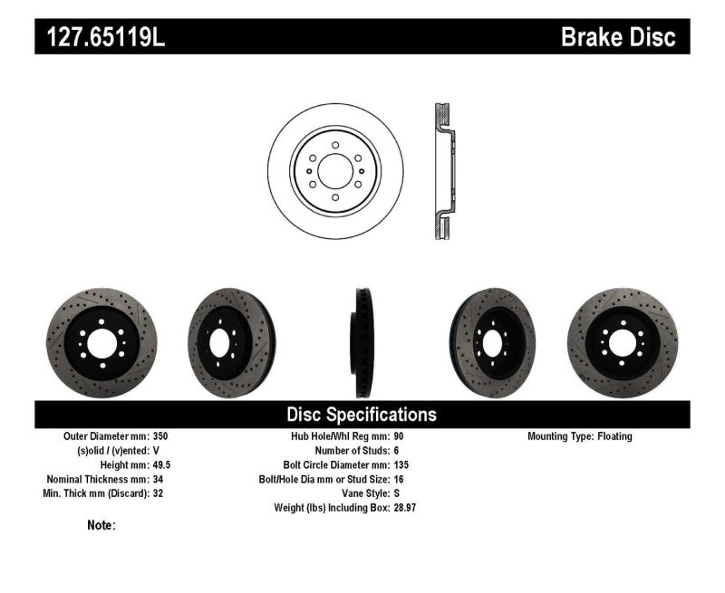 Stoptech 127.65119L Slotted & Drilled Sport Brake Rotor