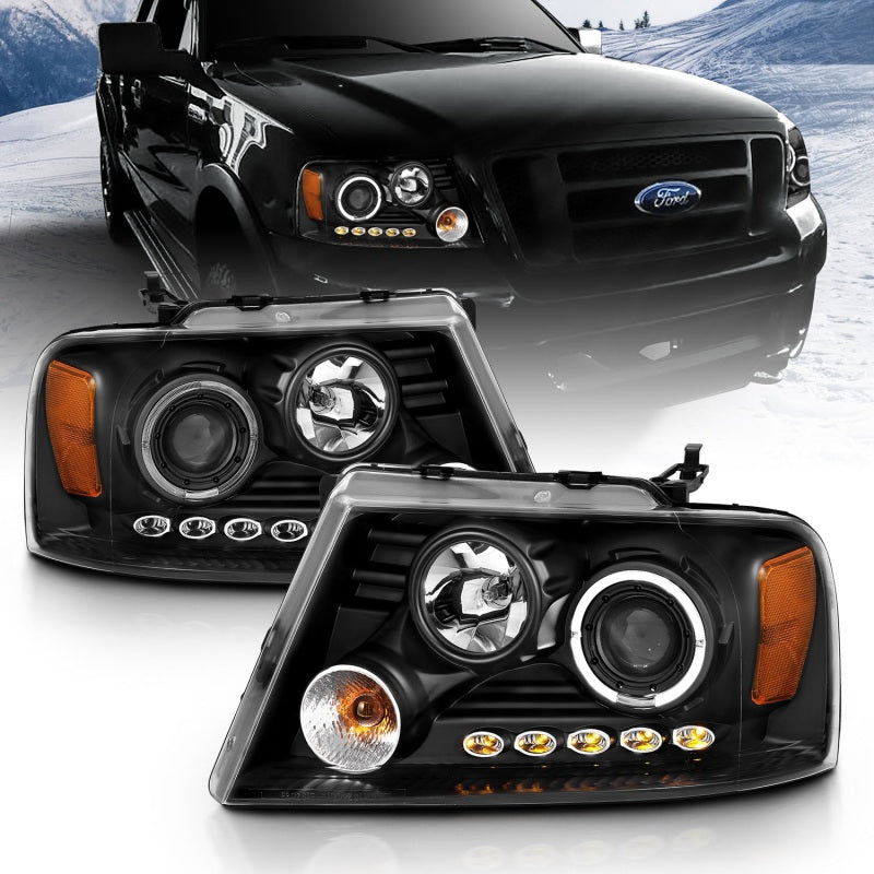 ANZO 111028 2008 fits Ford 04-20 F-150 Projector Headlights w/ Halo and LED Black