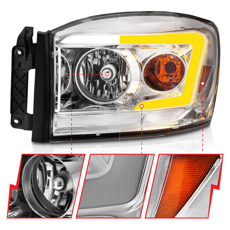 Anzo 111527 06-09 fits Dodge RAM 1500/2500/3500 Headlights Chrome Housing/Clear Lens (w/Switchback Light Bars)