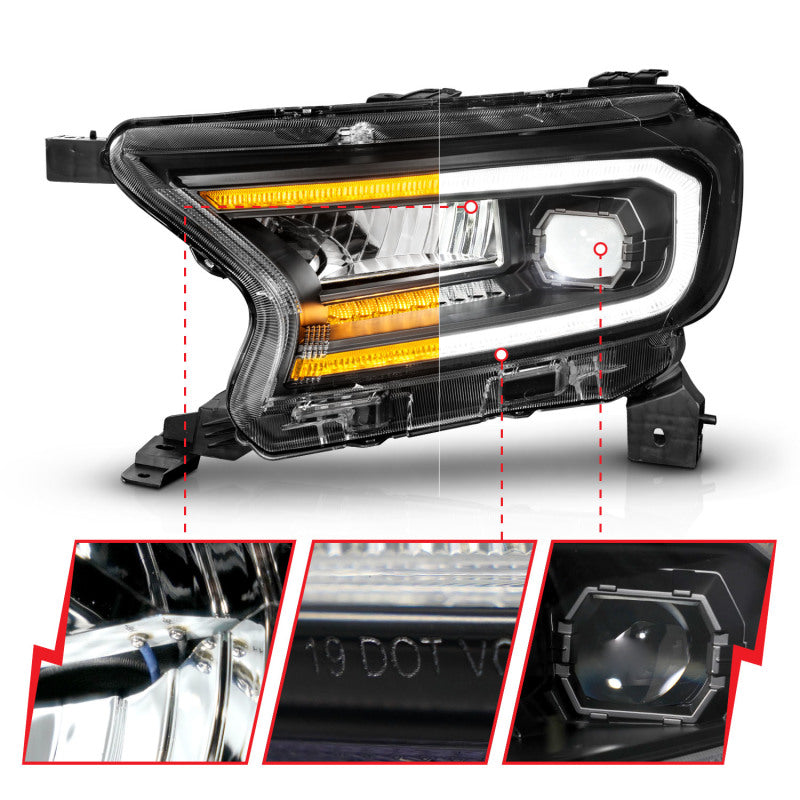 ANZO 111613 fits Ford 19-23 Ranger Full LED Projector Headlights w/ Initiation & Sequential - Black