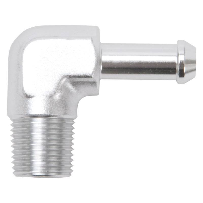 Edelbrock 8168 Hose End 90-Deg 3/8In NPT to 3/8In Barb Clear Anodize
