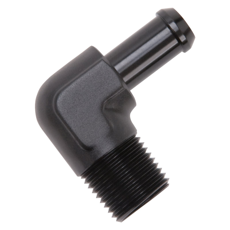 Edelbrock 8180 Hose End 90-Deg 1/2In NPT to 1/2In Barb Black Anodize