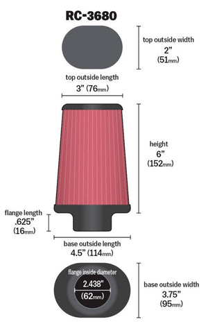 K&N Engineering RC-3680 K&N Universal Clamp-On Air Filter 2-7/16in Flange 4-1/2x3-3/4in Base 3x2in Top 6in Height