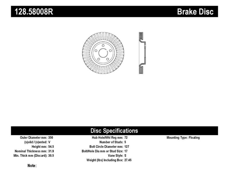 Stoptech 128.58008R Drilled Sport Brake Rotor 11-17 Jeep Grand Cherokee (Excluding SRT8)