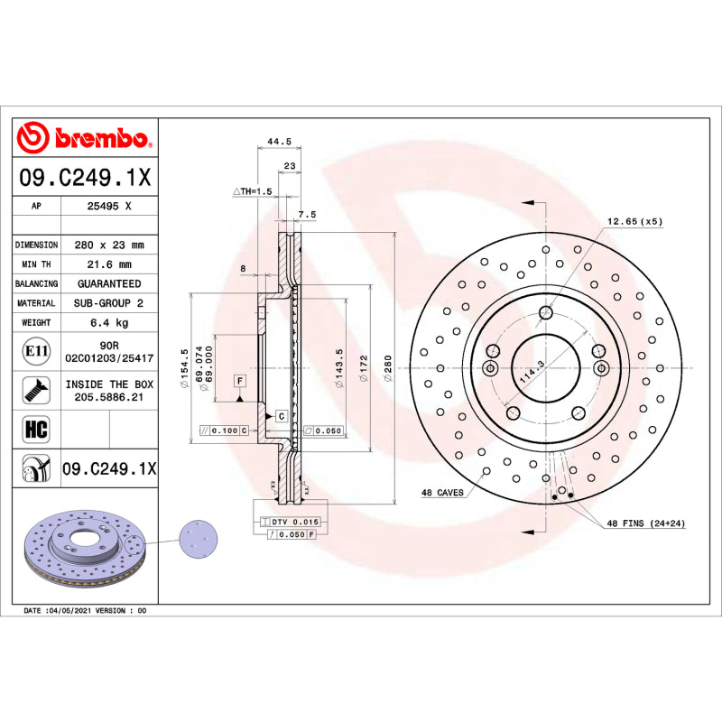 Brembo OE 09.C249.1X 2017 fits Hyundai Elantra/14-18 Kia Forte/14-24 Soul Drille