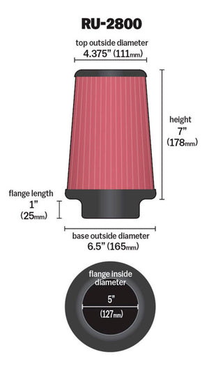 K&N Engineering RU-2800 K&N Filter Universal Rubber Filter 5 inch Flange 6 1/2 inch Base 4 3/8 inch Top 7 inch Height