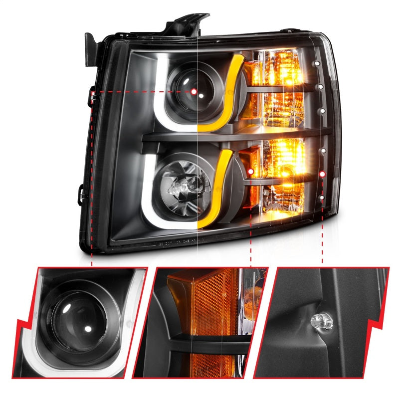 ANZO 111384 2013 fits Chevrolet 07-20 Silverado 1500/2500 Projector Headlights w/ U-Bar Switchback Black w/ Amber