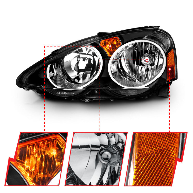 ANZO 121209 2004 fits Acura 02-20 Rsx Crystal Headlights Black