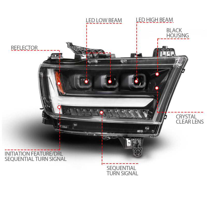 ANZO 111628A-R 19-24 fits RAM 1500 (New Body/OE Halogen) Full LED Proj Headlights DRL/SeqSig Black - Pass. Side