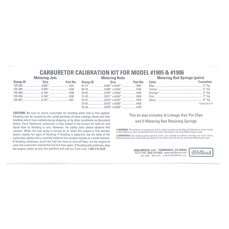 Edelbrock 1948 Calibration Kit for 1905 / 1906