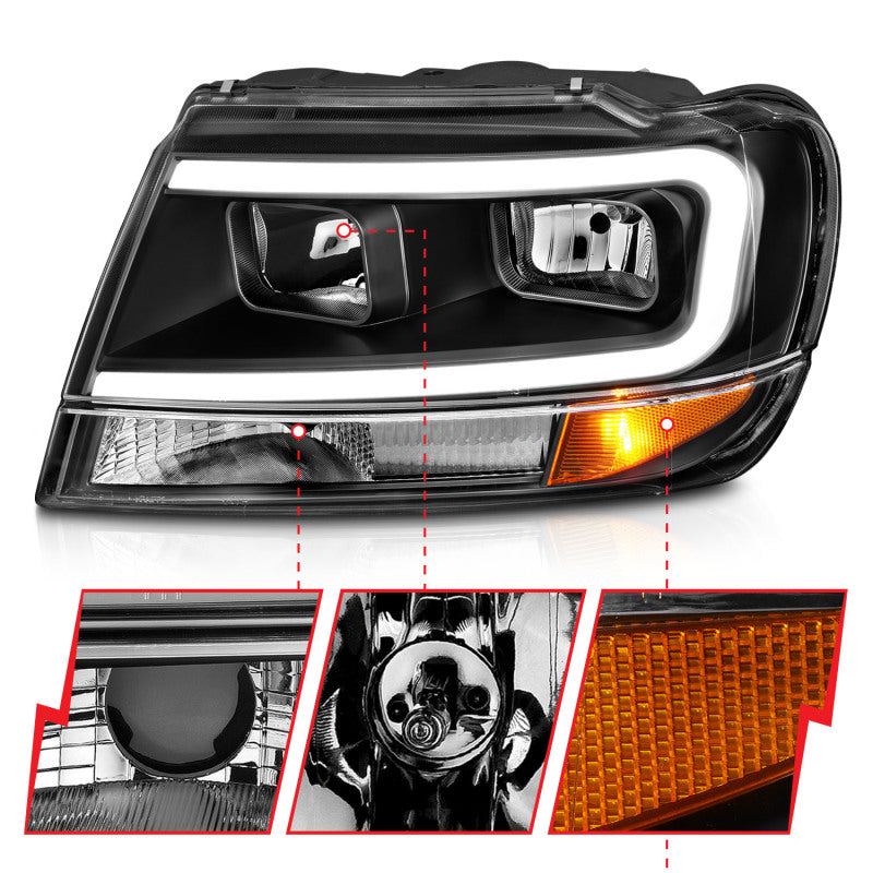 ANZO 111537 fits Jeep 99-04 Grand Cherokee Crystal Headlights - w/ Light Bar Black Housing