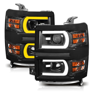 ANZO 111412 14-15 fits Chevrolet Silverado 1500 Projector Headlights w/ Plank Style Switchback Black w/ Amber