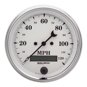 AutoMeter 1680 AutoMeter Gauge Speedo. 3-3/8in. 120MPH Elec. Prog. W/ Lcd Odo Old Tyme White