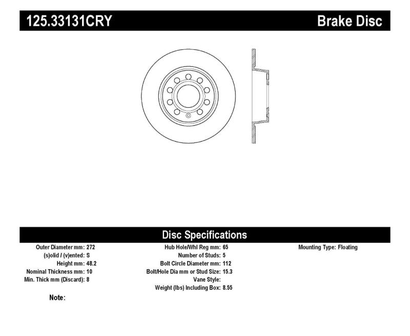 Stoptech 125.33131CRY 10-13 VW Golf/GTI/Jetta w/ 272mm Rear Disc Rear Premium High Carbon Cryo Brake Rotor