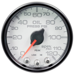 AutoMeter P32512 Autometer Spek-Pro Gauge Oil Press 2 1/16in 120psi Stepper Motor W/Peak & Warn Wht/Blk