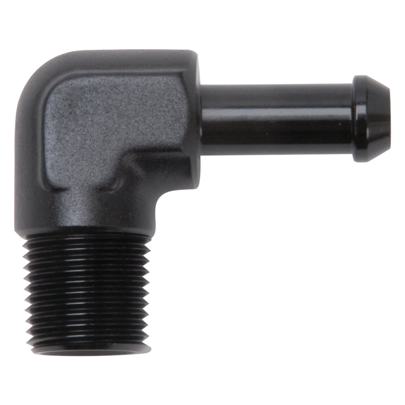 Edelbrock 8167 Hose End 90-Deg 3/8In NPT to 3/8In Barb Black Anodize