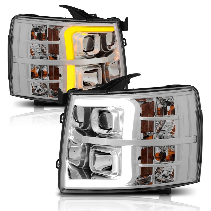 ANZO 111411 fits Chevrolet 07-13 Silverado 1500/2500/3500 Proj Headlights w/ Plank Style Switchback Chrome w/Amb